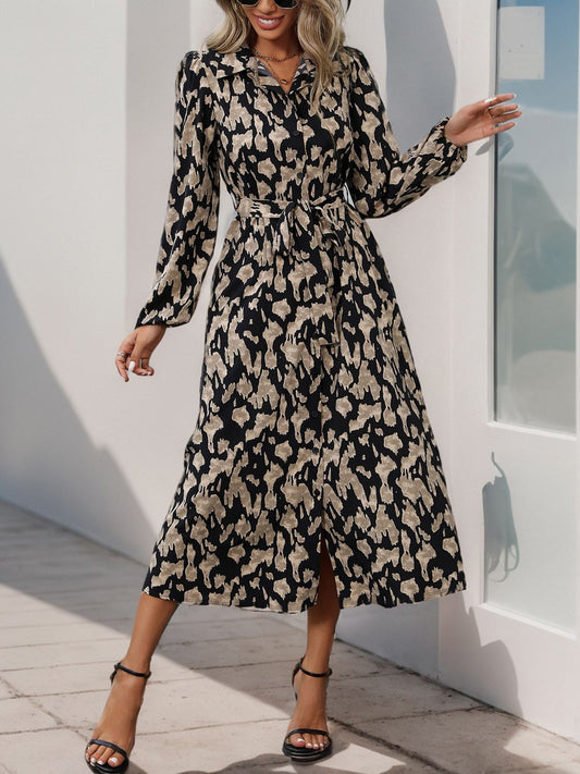 Perfee Printed Long Sleeve Midi Dress-Elegant