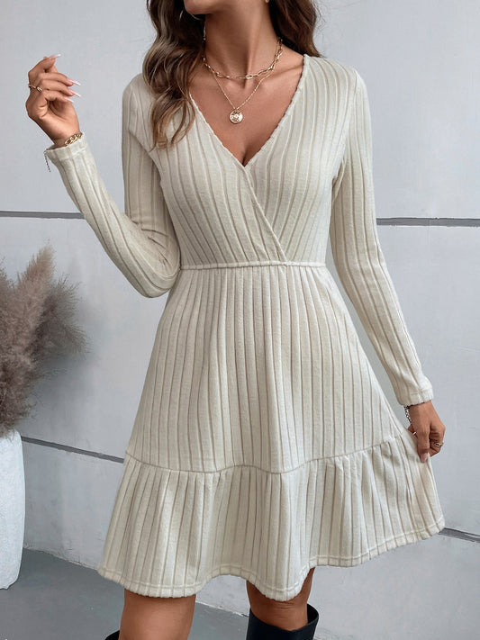 Ruffle Hem Surplice Long Sleeve Dress-Elegant