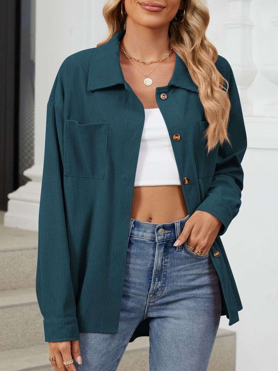 Button Up Dropped Shoulder Long Sleeve Outerwear