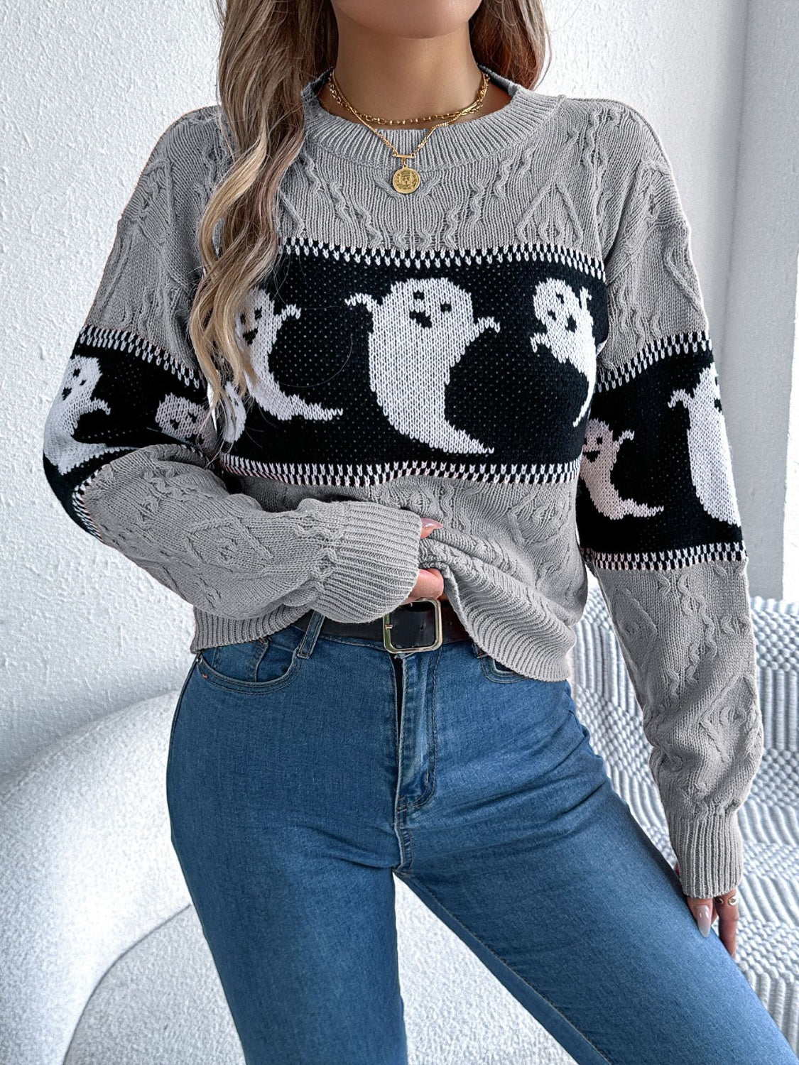 Ghost Round Neck Long Sleeve Sweater Fashion