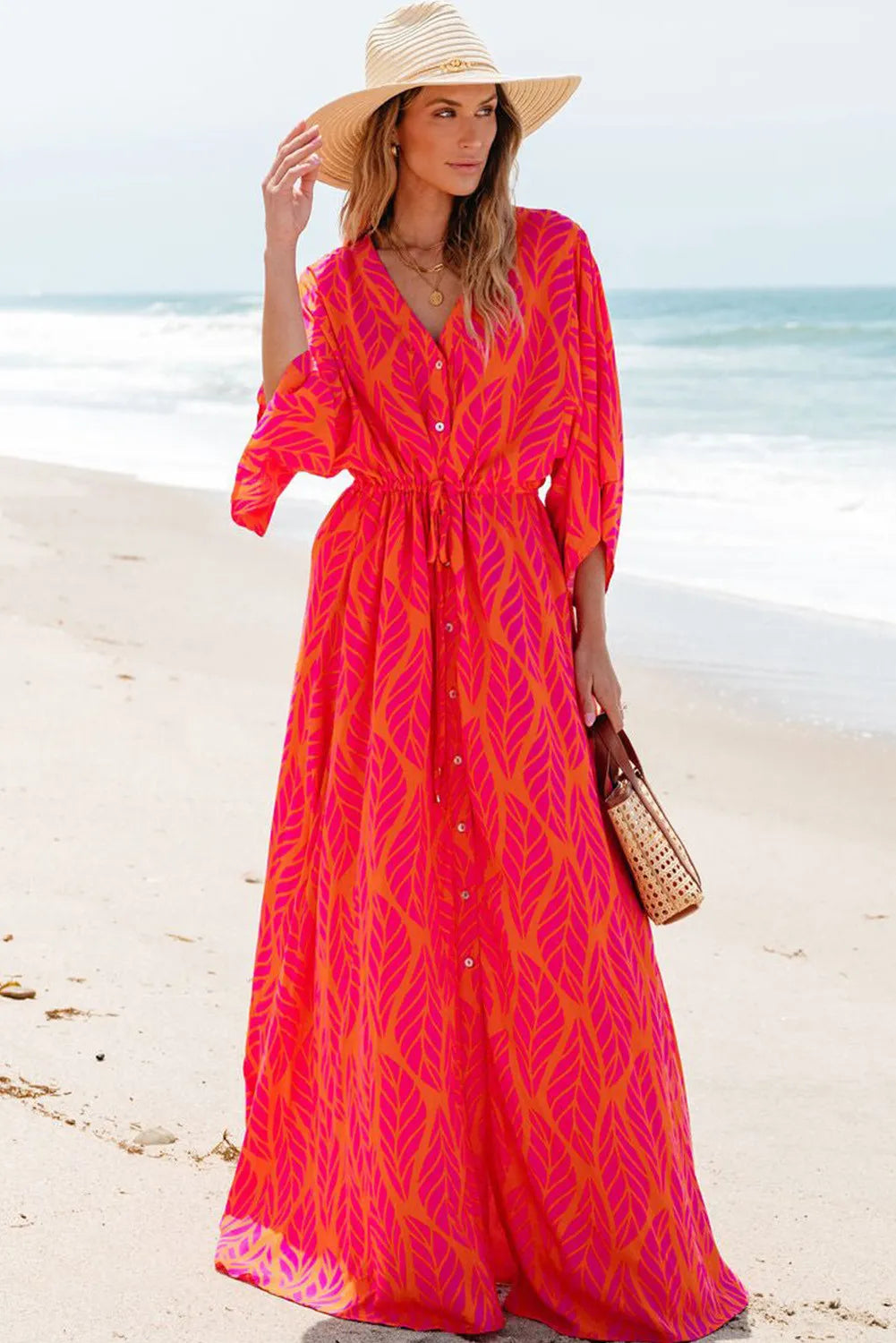 Drawstring Printed V-Neck Maxi Dress Versatile