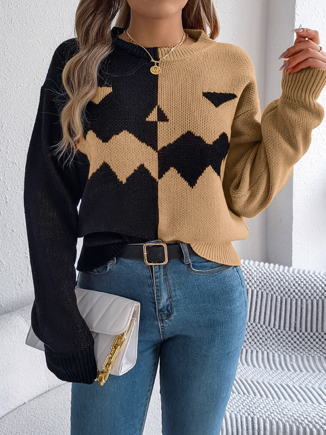 Contrast Round Neck - Long Sleeve Sweater