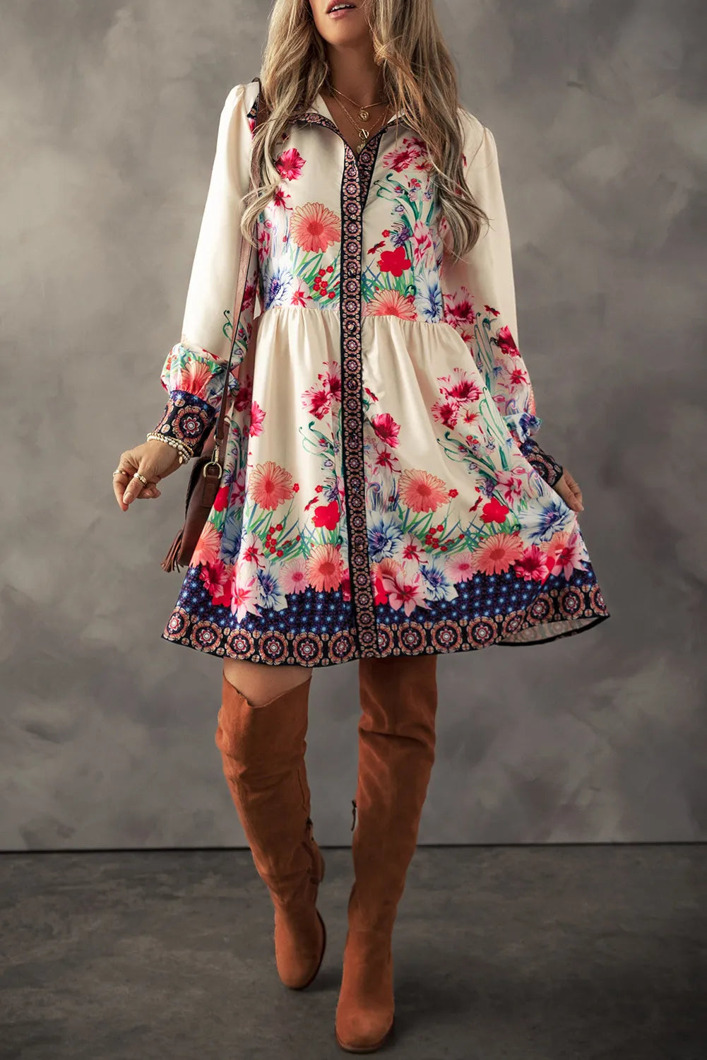 Flower Button Down - Lantern Sleeve Dress