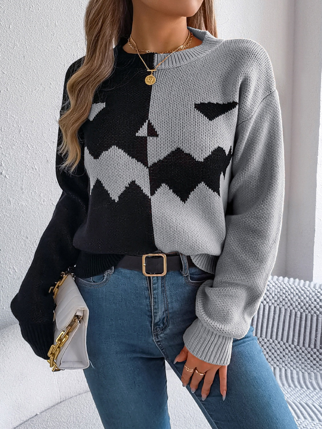 Contrast Round Neck - Long Sleeve Sweater