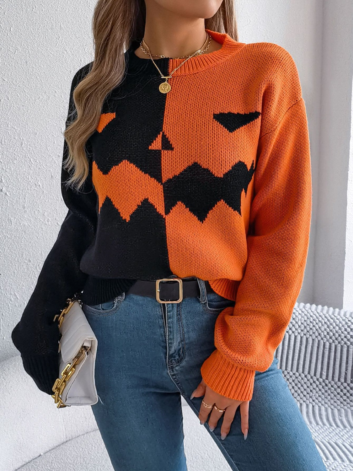 Contrast Round Neck - Long Sleeve Sweater