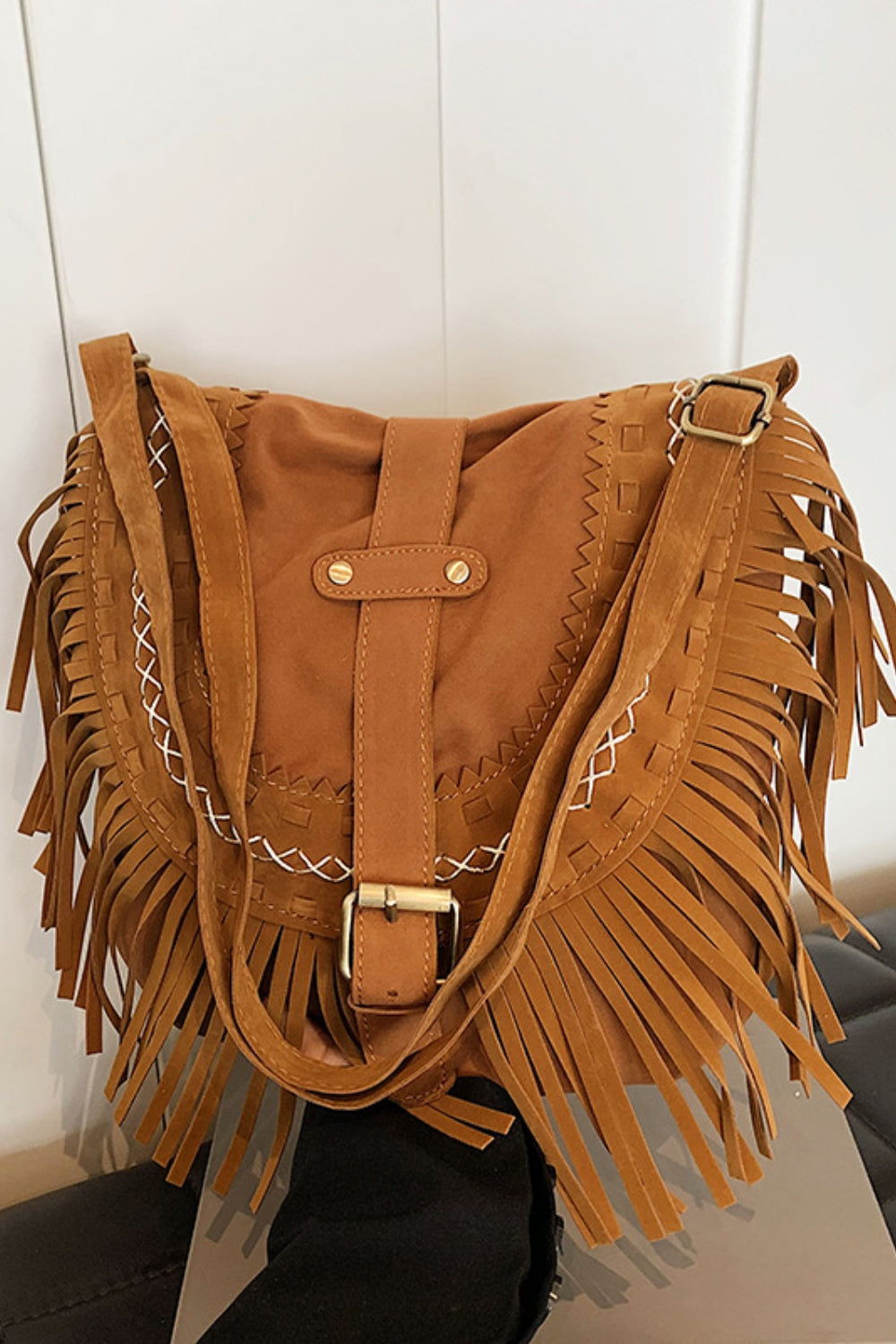 Suede Fringe Wide Strap Shoulder Bag-Stylish