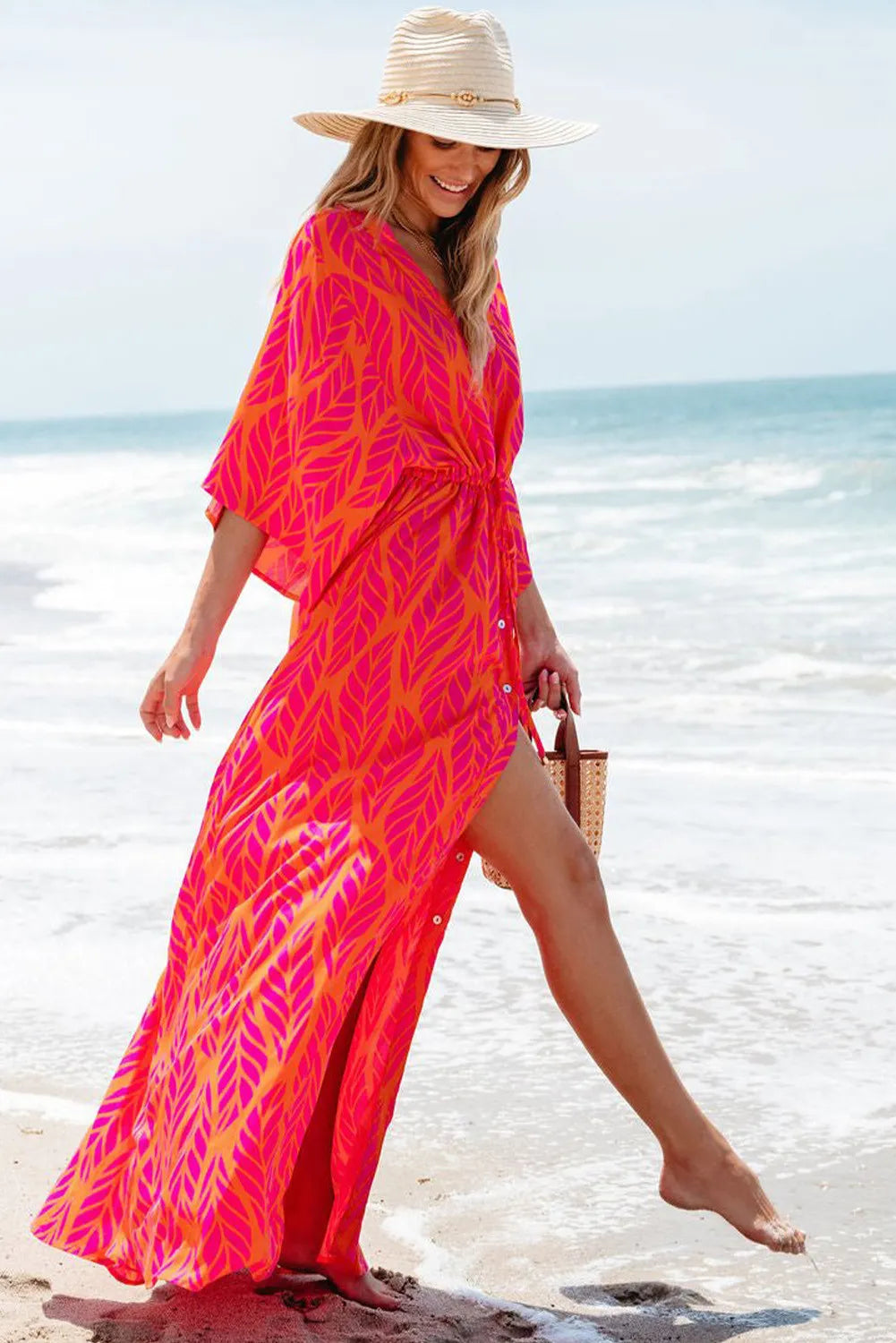 Drawstring Printed V-Neck Maxi Dress Versatile