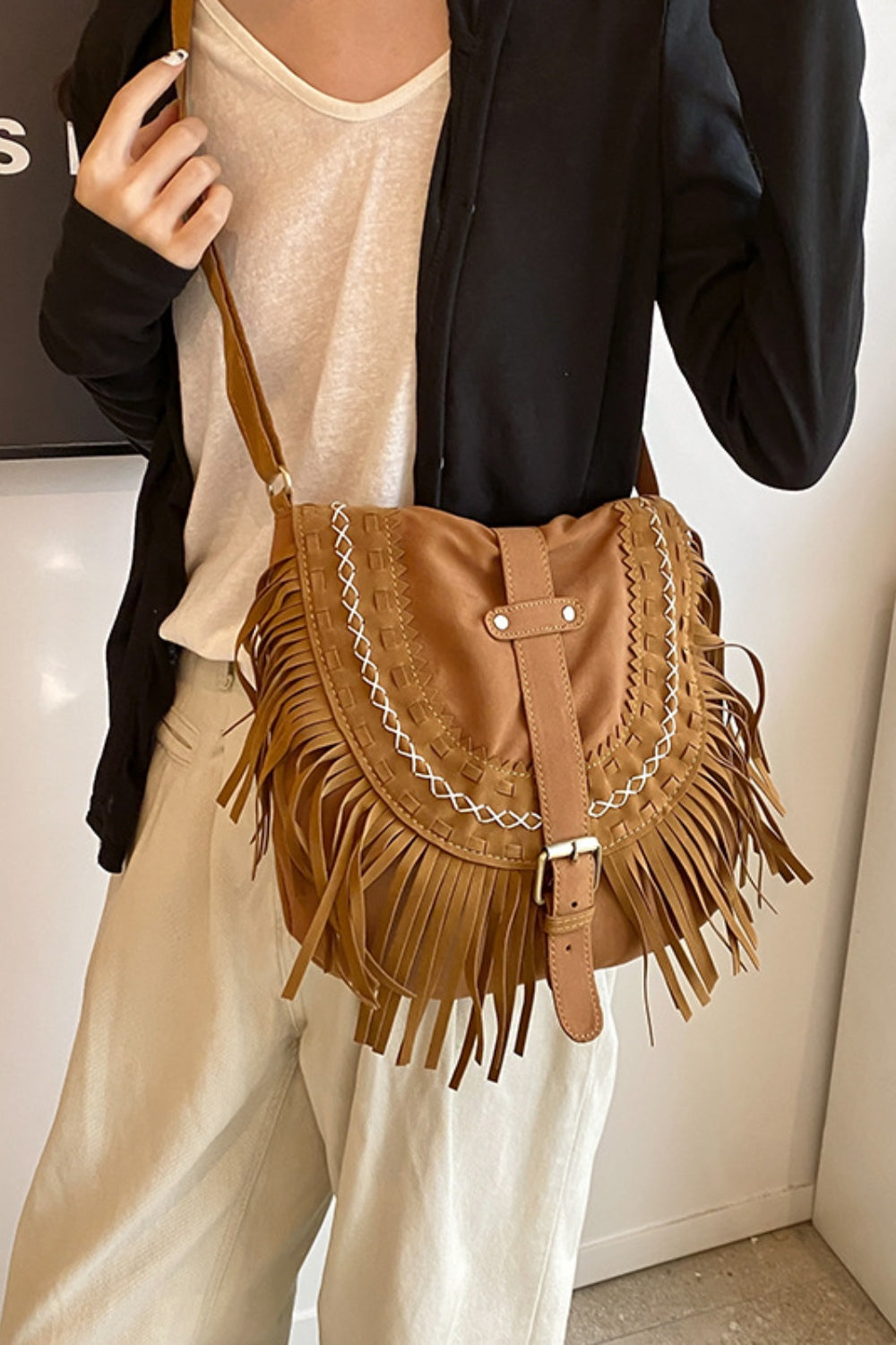 Suede Fringe Wide Strap Shoulder Bag-Stylish