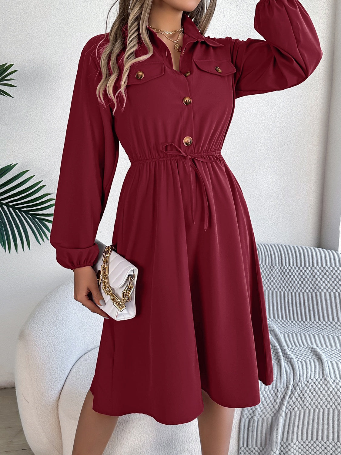 Collared Neck Long Sleeve Dress with Pockets