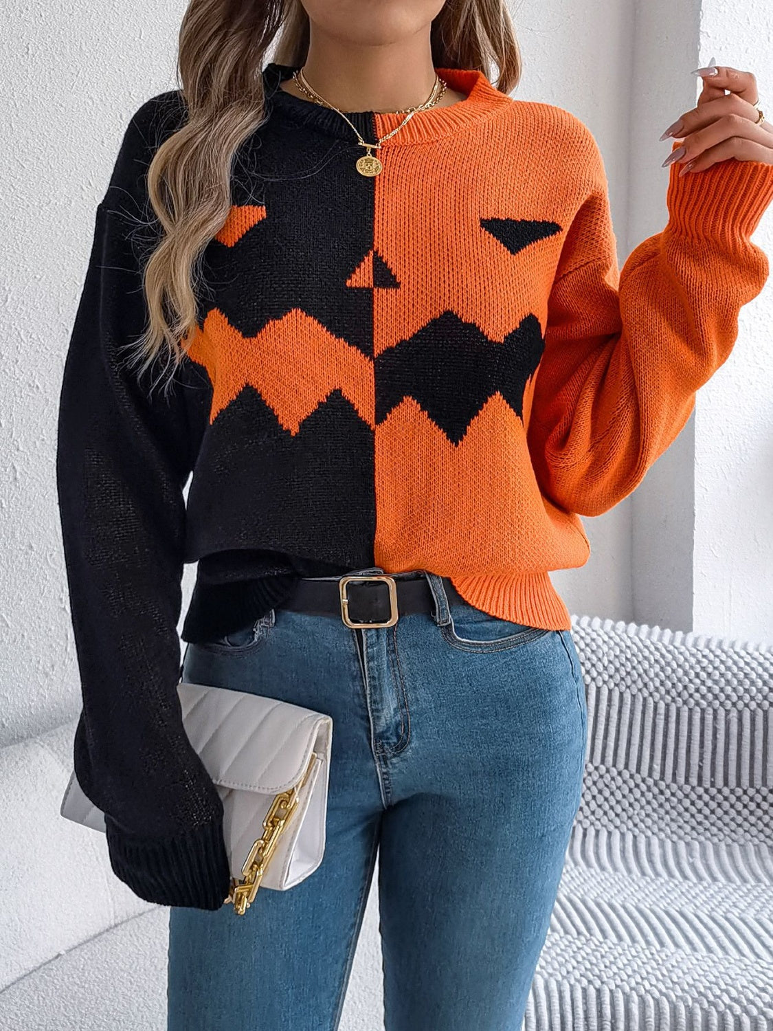 Contrast Round Neck - Long Sleeve Sweater