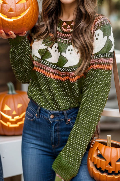 Ghost Round Neck Long Sleeve Sweater-Casual-Cozy