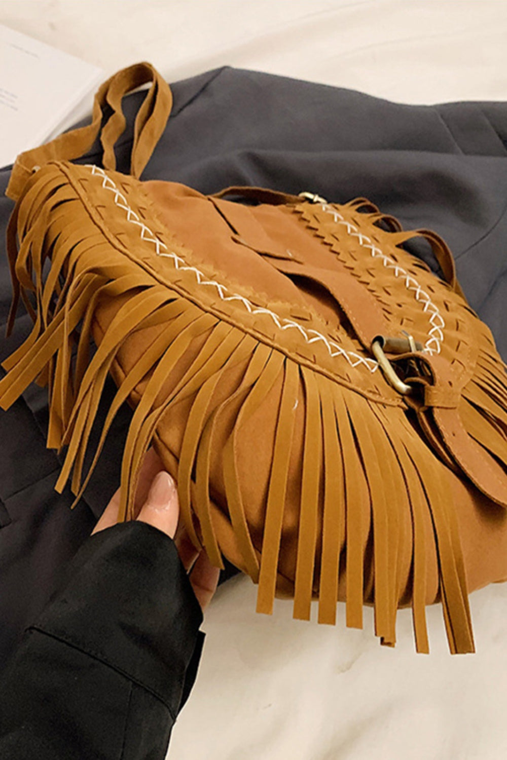 Suede Fringe Wide Strap Shoulder Bag-Stylish