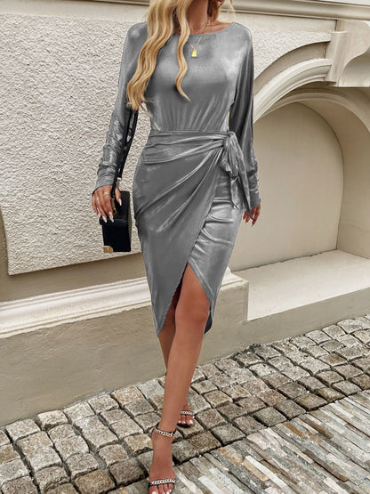 Devine Tied Boat Neck Long Sleeve Dress-Divine-Fashion