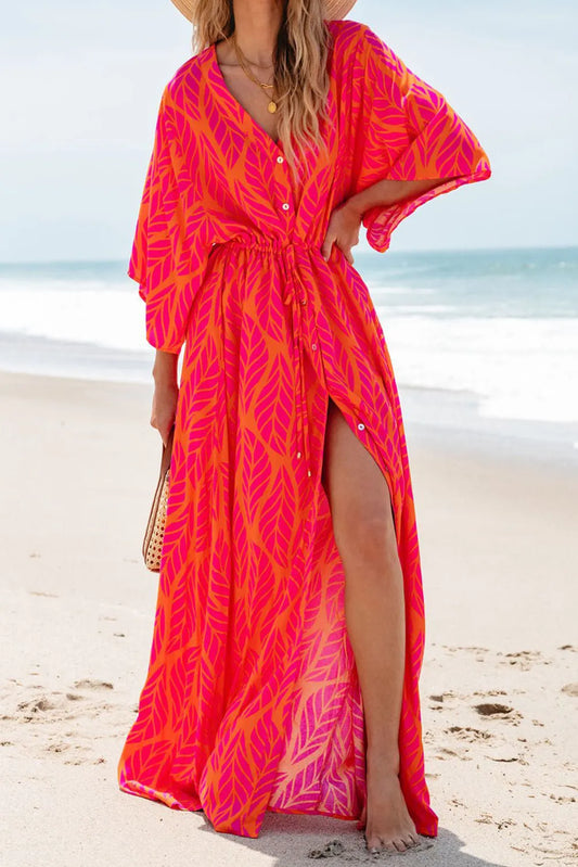 Drawstring Printed V-Neck Maxi Dress Versatile