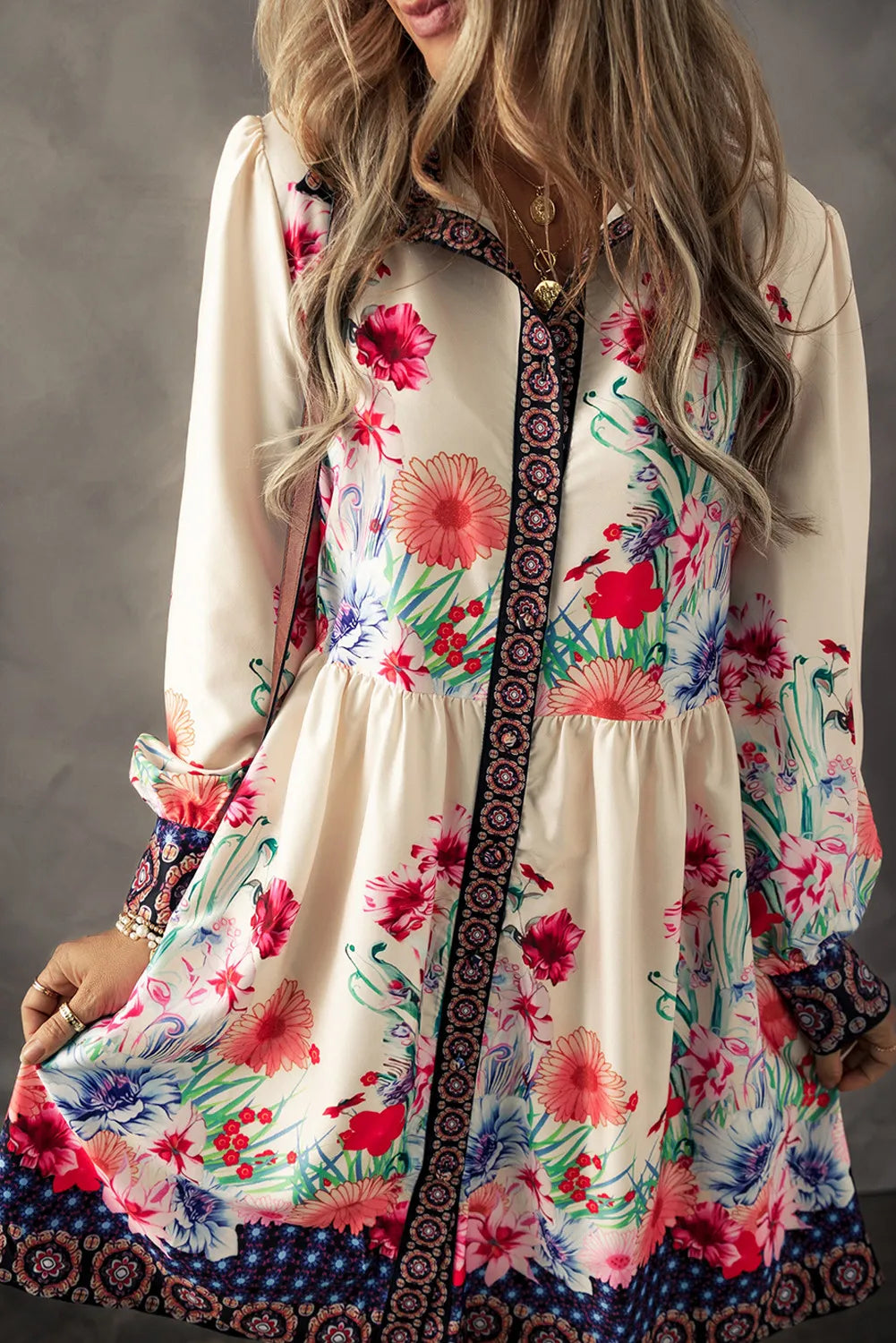 Flower Button Down - Lantern Sleeve Dress