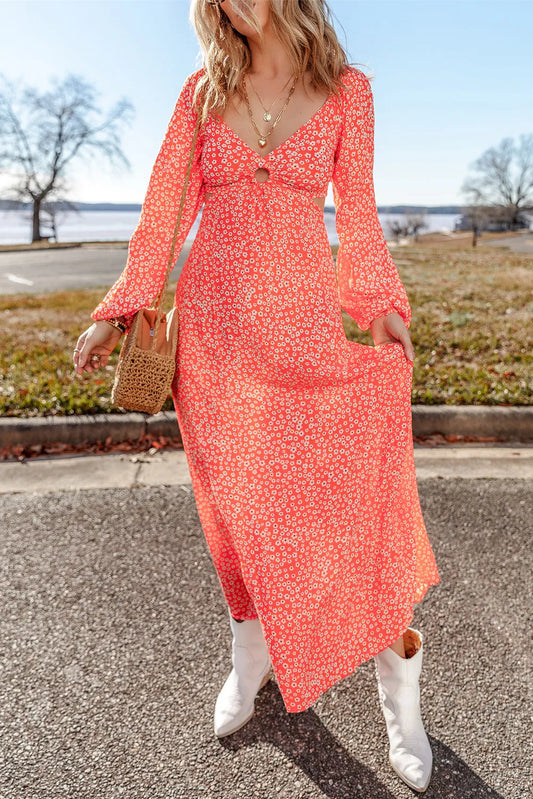 Printed V-Neck Long Sleeve Midi Dress-Stylish-Casual