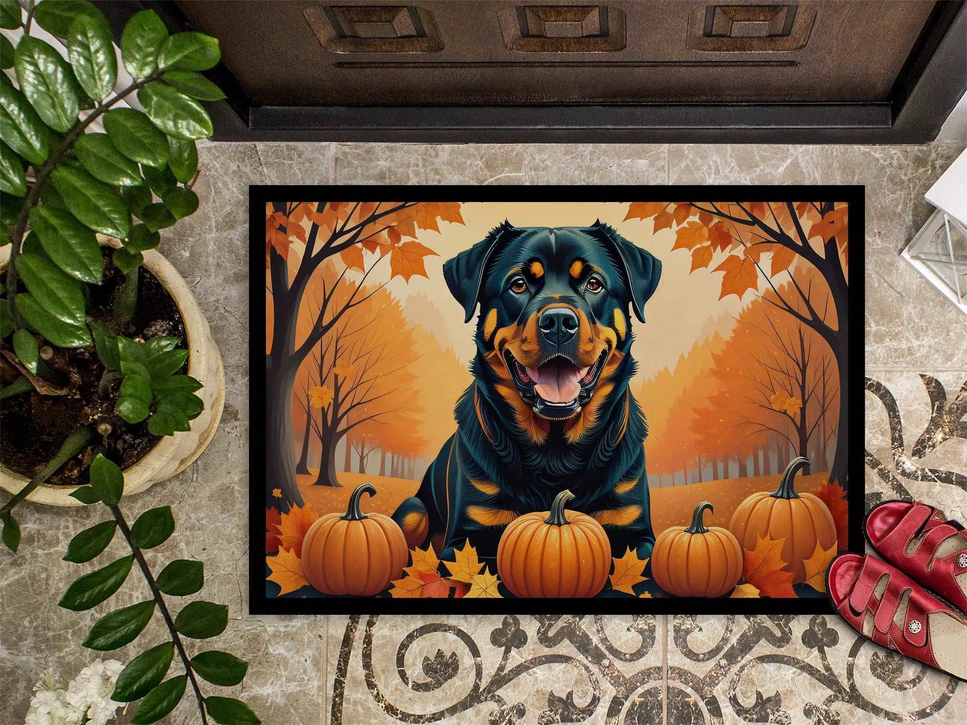 Rottweiler Fall Doormat Seasonal Artwork