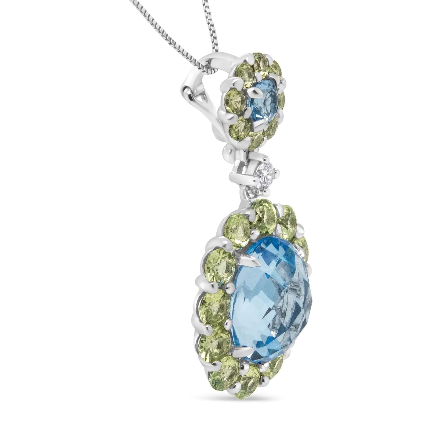 18k White Gold 0.05 Cttw Round Diamond and Blue Topaz and Green Peridot Gemstone Halo Drop 18" Pendant Necklace (F-G Color, VS1-VS2 Clarity)