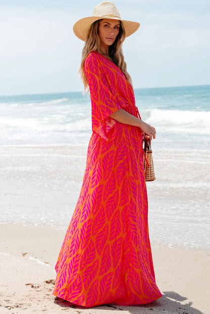 Drawstring Printed V-Neck Maxi Dress Versatile