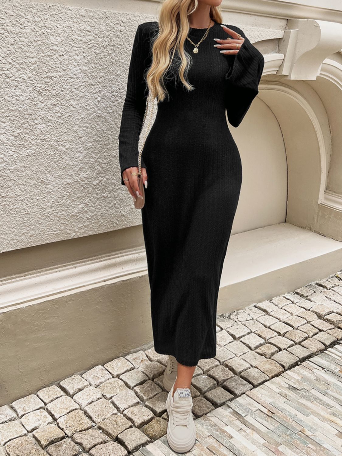 Devine Tied Round Neck Long Sleeve Midi Dress