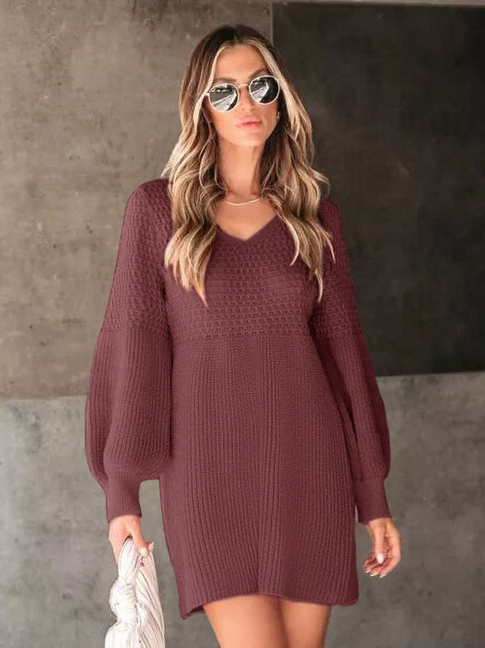 Perfee V-Neck Long Sleeve Sweater- Dress