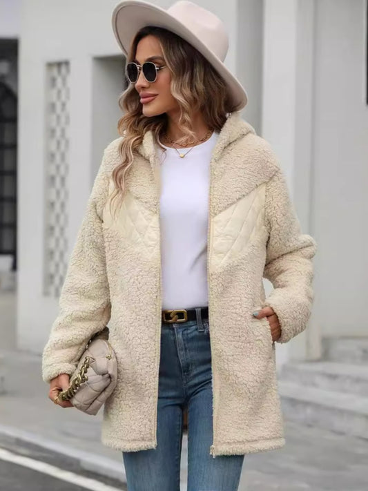 Fuzzy Zip Up Long Sleeve Hooded Jacket-Trendy