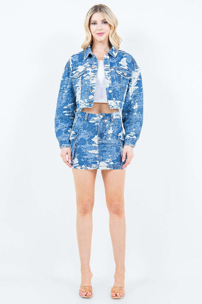 American Bazi Jacquard Trim Cropped Denim Jacket