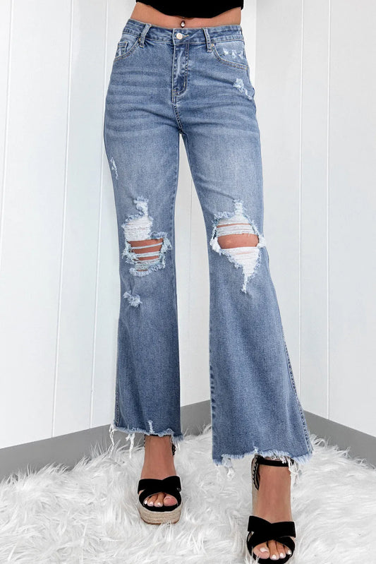 Distressed Raw Hem Bootcut Jeans Flared Fashion