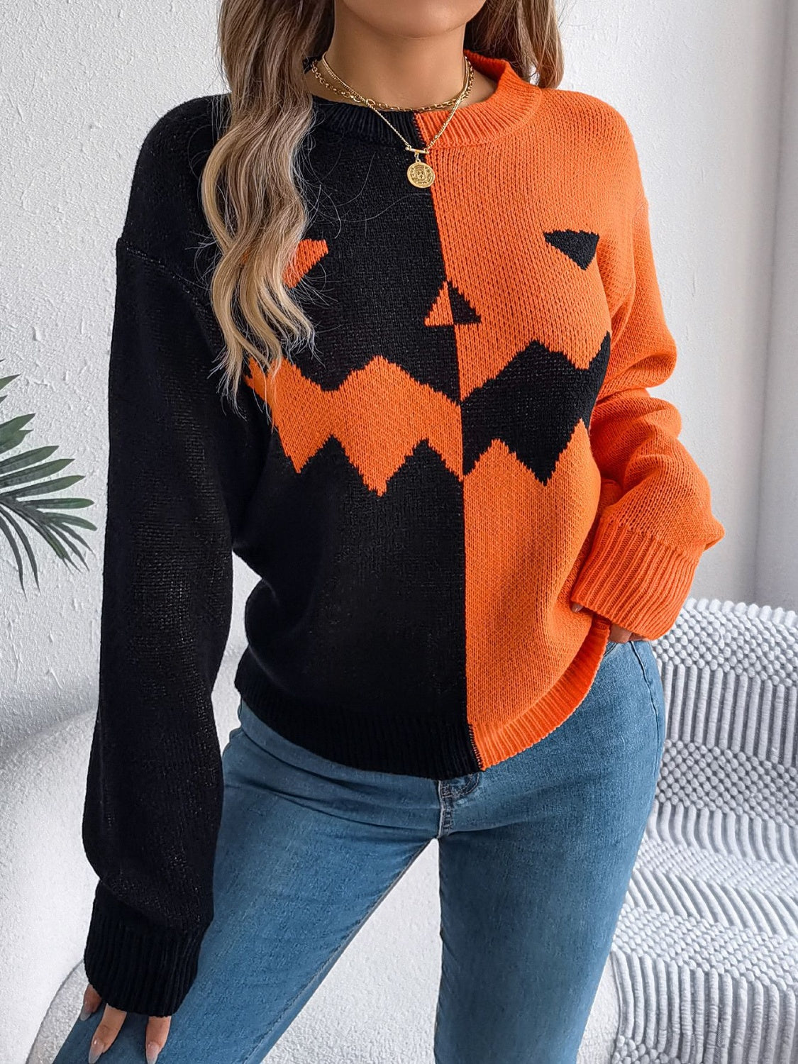 Contrast Round Neck - Long Sleeve Sweater