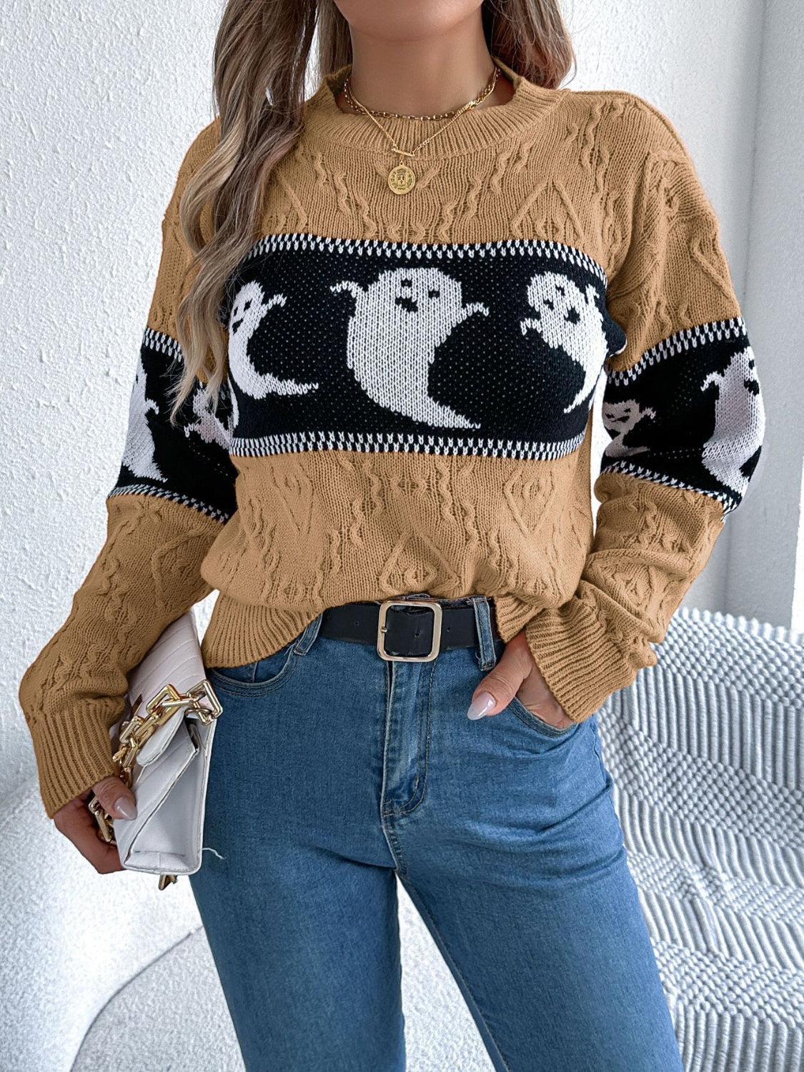 Ghost Round Neck Long Sleeve Sweater Fashion