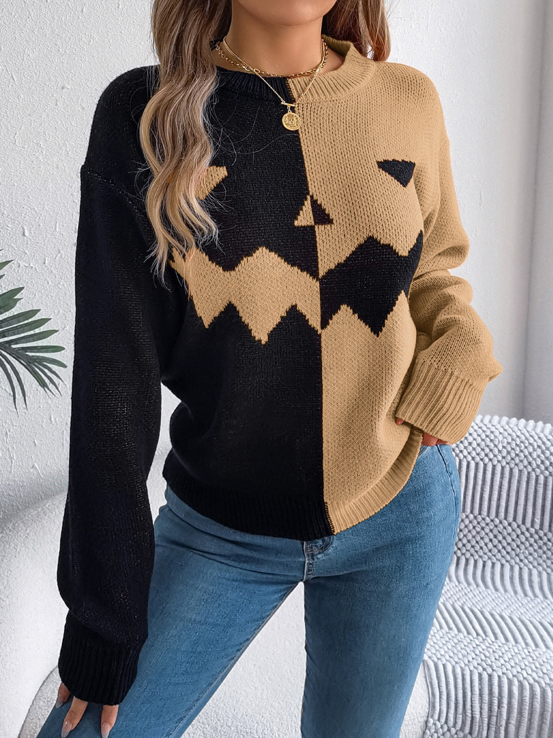 Contrast Round Neck - Long Sleeve Sweater