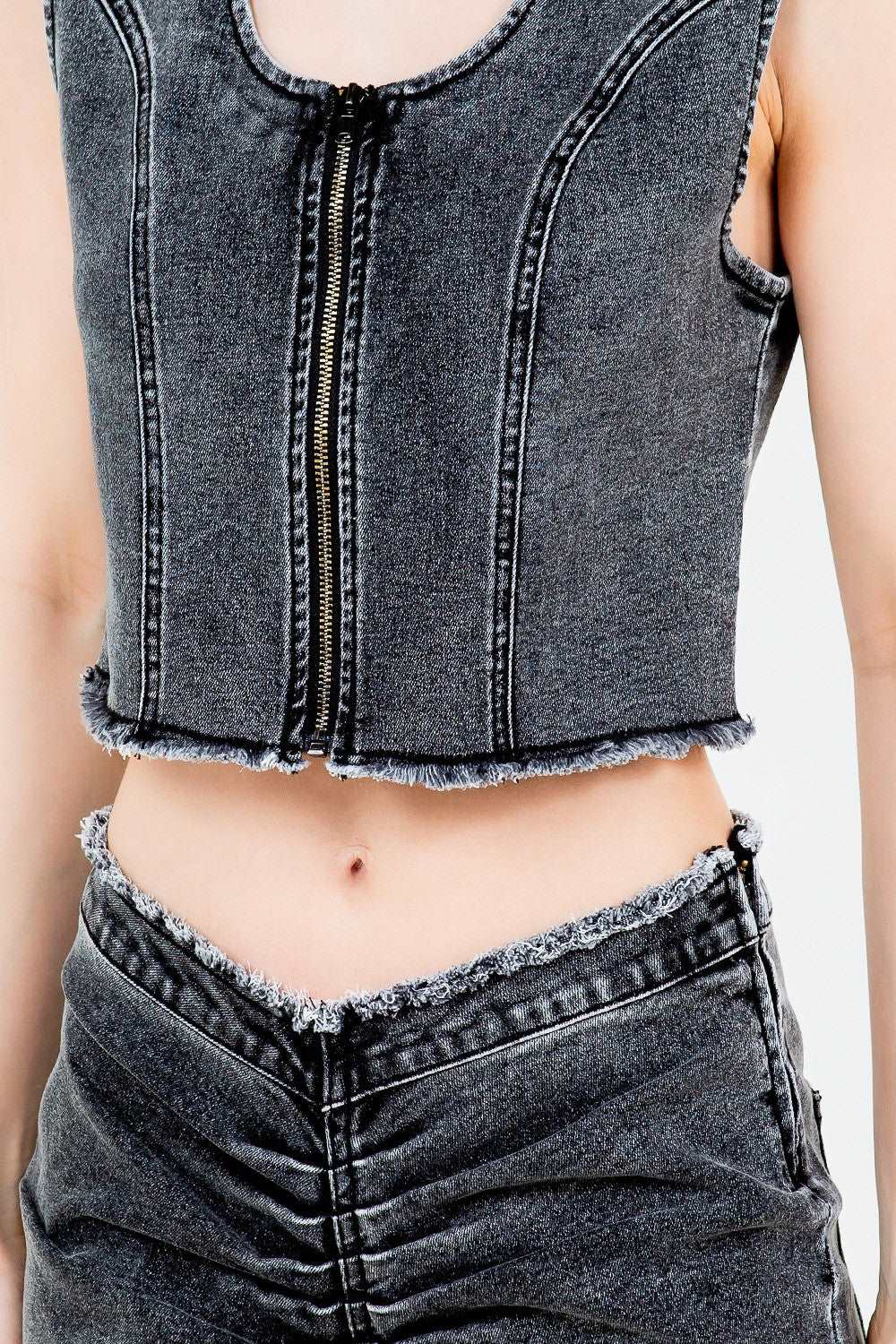 American Bazi Zip Up Washed Crop Denim Vest