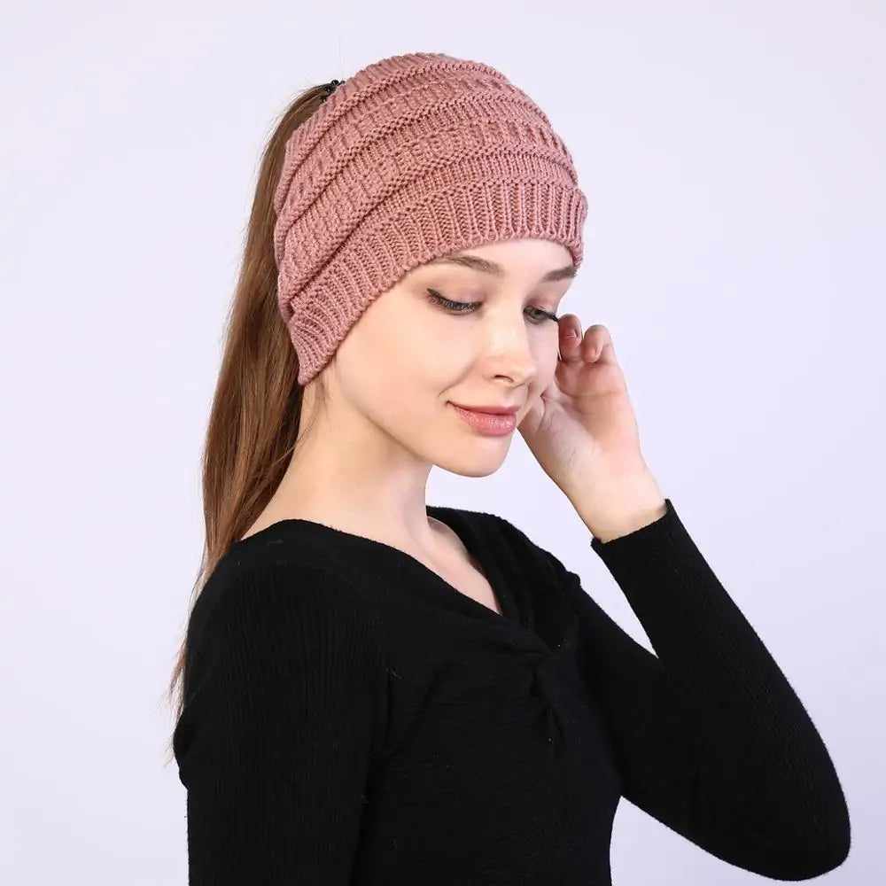 Winter Knitted Ponytail Beanies Stylish Cute